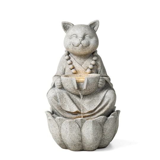 Glitzhome® 21.75" Zen-Style LED 2-Tier Concrete Cat Outdoor Fountain